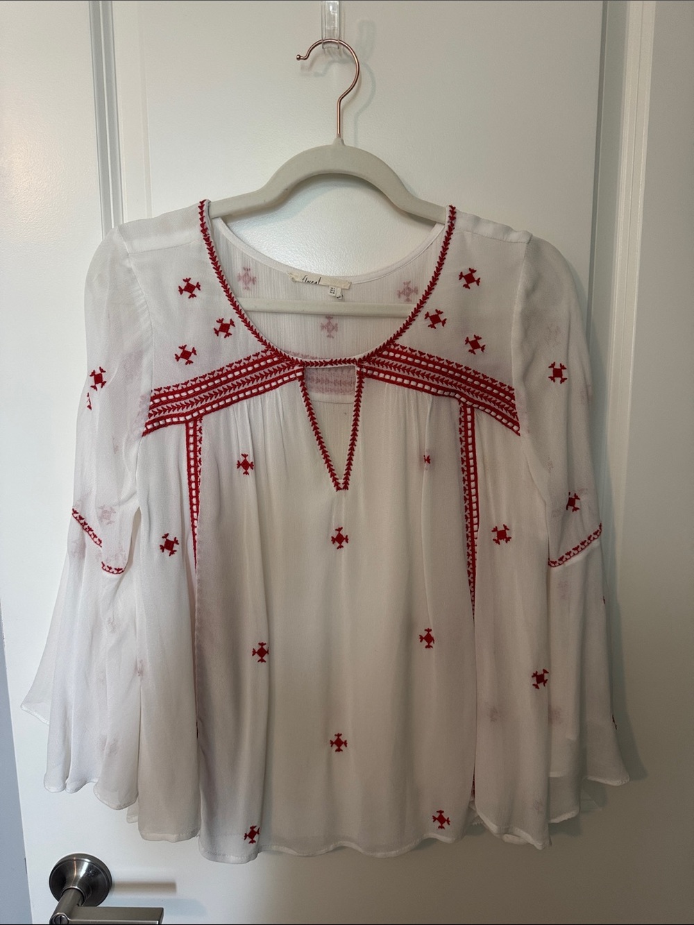 White Women's Embroidered Peasant Blouse with Red Accents